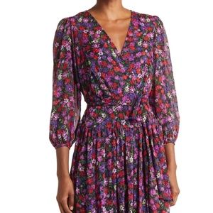Calvin Klein Surplice Neck Three-Quarter Sleeve Floral Print Faux Wrap Midi Dres